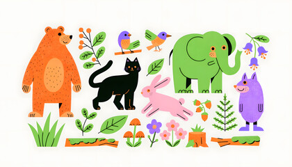 Naklejka premium Cute woodland animals and botanical forest elements set. Wildlife nature exploration and biology concept. Bear, elephant, rabbit, cat, and birds gathered among mushrooms and flowers.