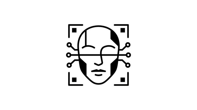AI face recognition icon with digital biometric scanning lines and human head silhouette.