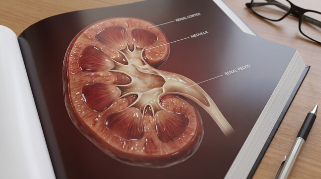 Anatomy textbook page showing a detailed cross section of a human kidney