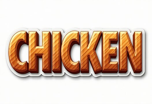 Bold 3D Typography of the Word "CHICKEN" with Wood Texture Effect on White Background