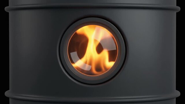 Close-up of orange flame burning inside the round window of a kerosene room heater