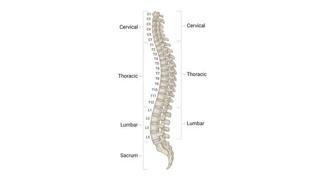 Anatomical illustration of the human vertebral column with labeled segments