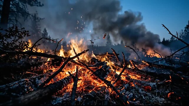 Intense forest fire with burning wood and billowing smoke depicted in a dynamic sequence