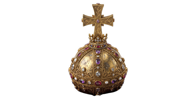 Antique golden royal orb with jeweled cross, ornate imperial regalia with rubies and pearls, medieval monarch ceremonial treasure isolated PNG with Transparent Background