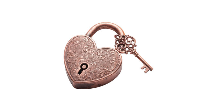 Vintage copper heart padlock with ornate skeleton key, antique bronze metal lock for romance and security, decorative filigree heart shape isolated PNG with Transparent Background