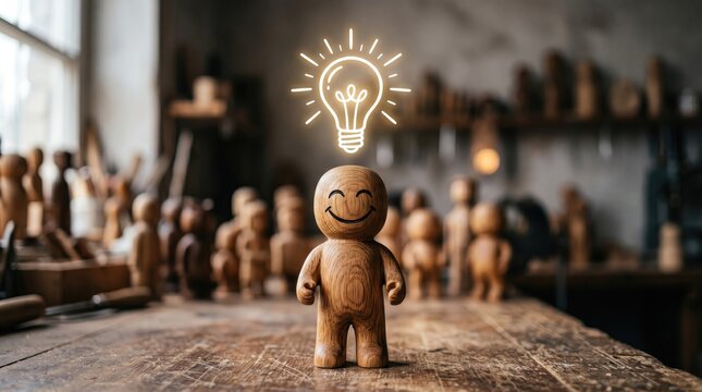 Wooden figure with lightbulb symbolizing creativity in workshop