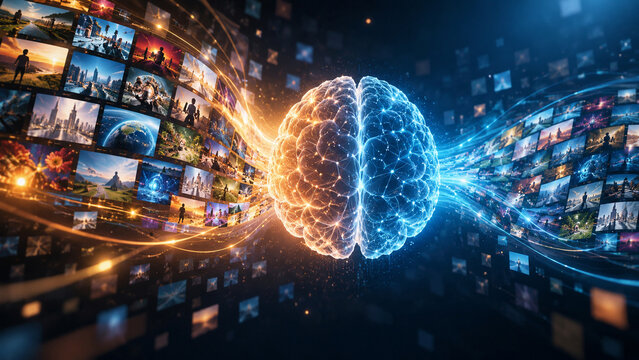 AI generated glowing digital brain surrounded by streaming media screens representing artificial intelligence data processing information networks creativity technology future communication