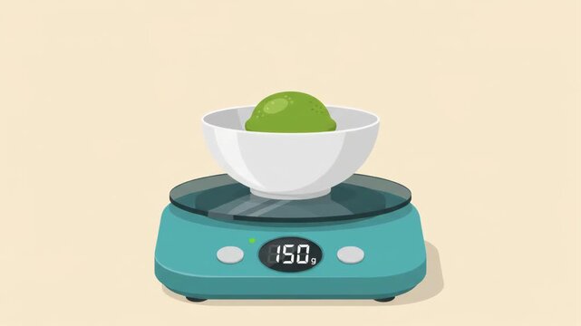 fresh green lime sitting in a white ceramic bowl on a digital kitchen scale isolated on a simple flat-colored cream background illustrating precise measurement for cooking or healthy eating