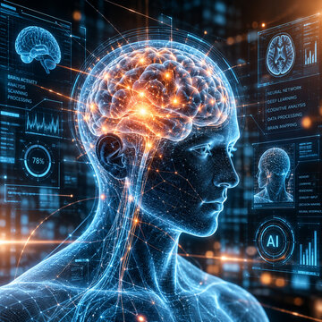 AI generated futuristic human head glowing brain neural networks digital interface panels representing artificial intelligence deep learning cognitive analysis brain mapping