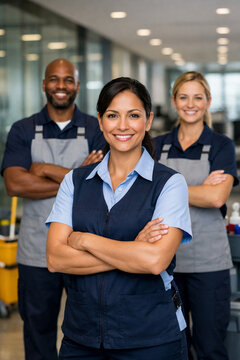 Commercial cleaning team in modern corporate office