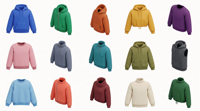 Collection of colorful casual hoodies and sweaters with various necklines isolated on white background