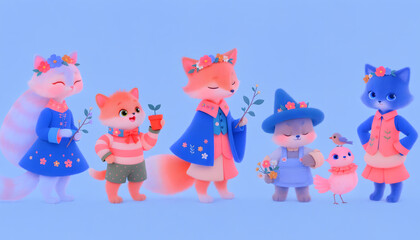 Fototapeta premium Whimsical pastel furry animal woodland characters line. Spring nature and friendship concept. Cute dressed cat and fox friends holding flower plants and birds together