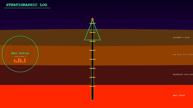 Data visualization showing geothermal drilling progress through subsurface geological layers with a well bore extending toward a heat source during an industrial energy monitoring sequence