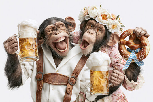 Two chimpanzees in traditional Bavarian dress laughing with beer mugs and pretzel, Oktoberfest couple portrait