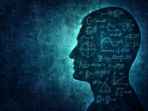 AI generated human profile filled mathematical equations graphs geometry symbols representing analytical thinking education intelligence science logic problem solving
