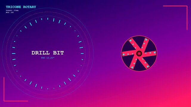Geothermal drilling components visualized within a digital user interface featuring rotating drill bits and circular metric displays with vibrant purple and red gradient lighting effects