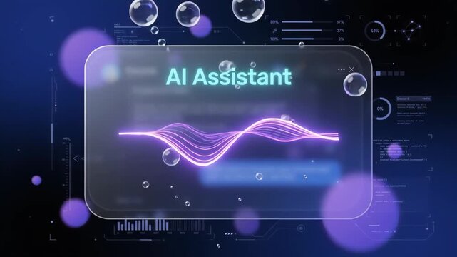 abstract glowing purple sound waveform visualization displayed on a digital screen interface against a dark background with floating bokeh particles and technical data readouts in the environment
