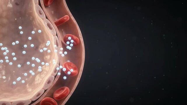 3D medical animation of red blood cells flowing through a capillary during gas exchange in a lung alveolus video clip.