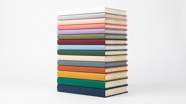 Minimalist stack of colorful hardcover books, vertical pile of multi-colored notebooks, academic literature collection on white background