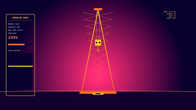 Industrial geothermal drilling rig monitor display showing real time vertical structure movement data with digital numeric readouts and glowing amber line graphics on dark purple interface