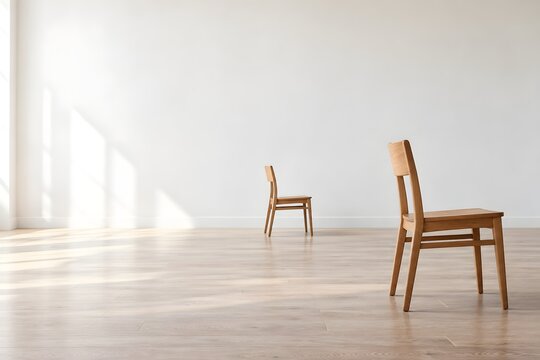 Zwei weit voneinander entfernte Holzst&uuml;hle als Symbol f&uuml;r emotionale Distanz