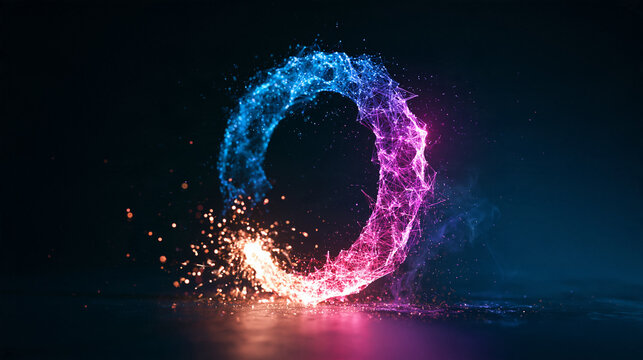 generative AI innovation concept, luminous creative spark moving through a digital neural network, blue and purple 3D illustration