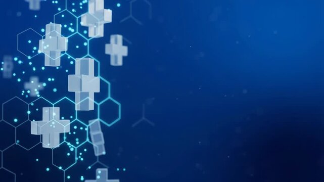 Abstract 3D medical animation featuring glowing plus signs and hexagonal patterns on a dark blue background.