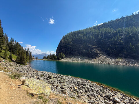 Lake Agnes turquoise alpine lake on Big Beehive hike, Banff National Park Alberta