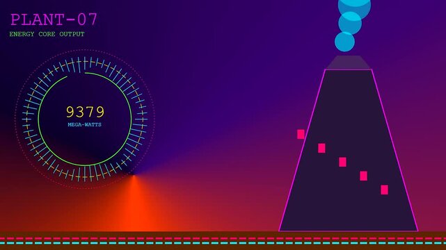 a futuristic geothermal drilling process displayed through animated data monitors with rising numerical energy output levels shown across a dark screen interface featuring vibrant glowing icons