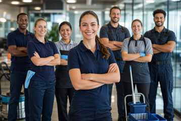 Obraz premium Commercial cleaning manager leads diverse facility services team in modern office, highlighting janitorial work, sanitation, workplace hygiene, maintenance and professional cleaning services.