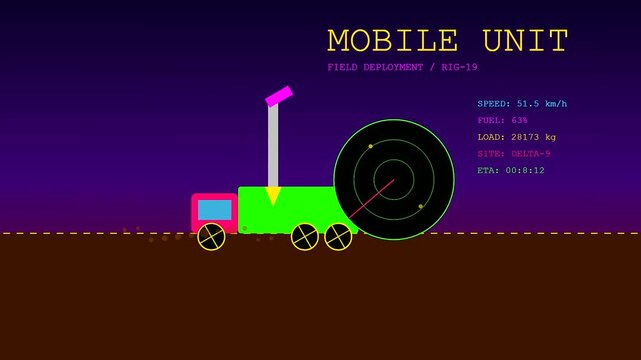 A digital graphic depicting geothermal drilling operations with monitor readouts displaying vehicle speed and fuel levels while the machine moves steadily across a dark neon terrain