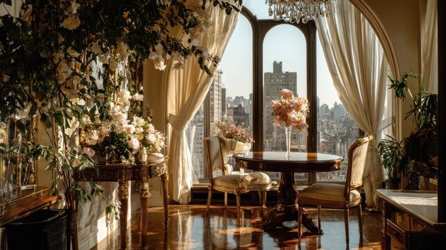 Elegant luxury penthouse dining room with floral decor and city skyline view
