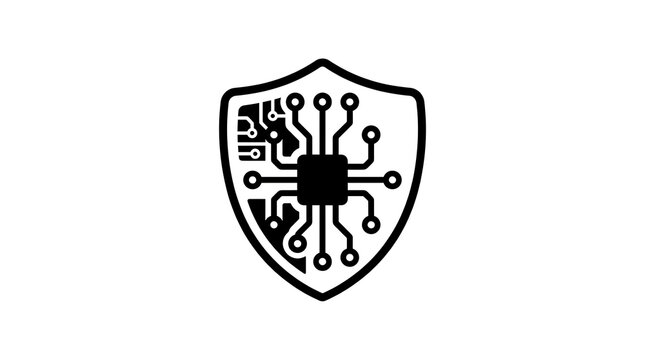 Cyber security shield icon with integrated circuit board pattern for digital protection.