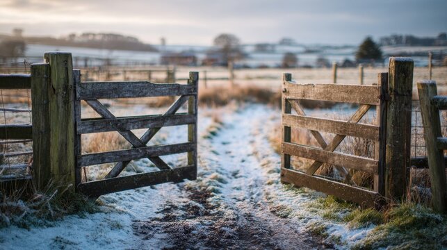 Frosty winter morning on a rural farm path through wooden gates