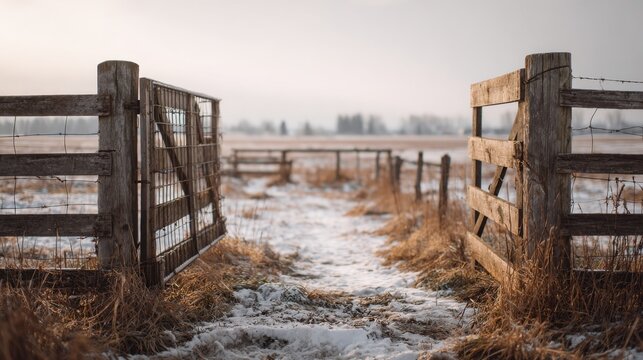 Open wooden farm gate leading to snowy winter field at dawn