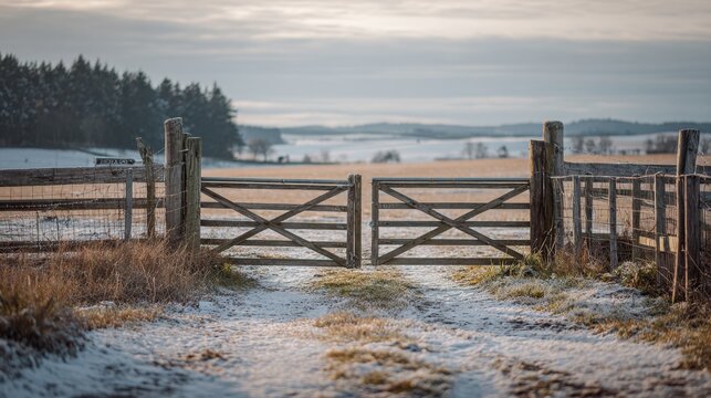 Rustic wooden farm gate on a frosty winter countryside path at dawn