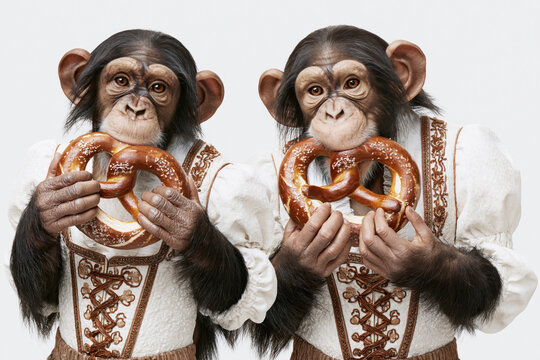 Two chimpanzees in embroidered Bavarian outfits eating pretzels, Oktoberfest costume portrait