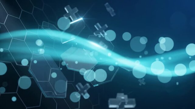 Abstract 3D video footage of transparent glass hexagons and crosses floating in a dark blue digital environment with a honeycomb grid background.