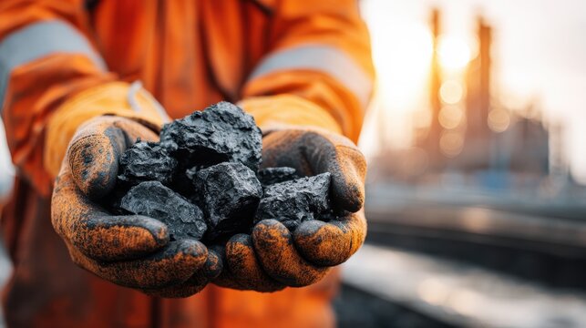 Mine worker in orange safety gear holding coal chunks at industrial site