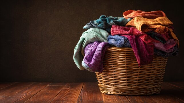 Wicker laundry basket overflowing with colorful clothes on wooden floor