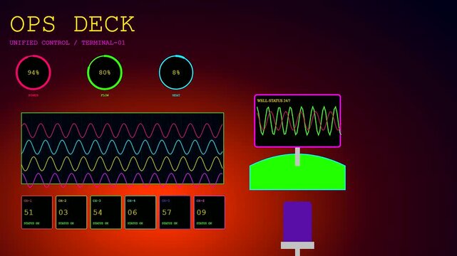 the geothermal drilling interface monitor displays shifting wave patterns and numerical data streams within this digital control station setup designed for complex subsurface energy monitoring systems