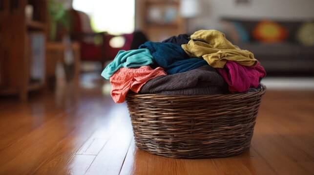 Wicker laundry basket filled with colorful clothes on hardwood floor in cozy living room