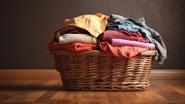 Wicker laundry basket overflowing with colorful folded clothes on wooden floor