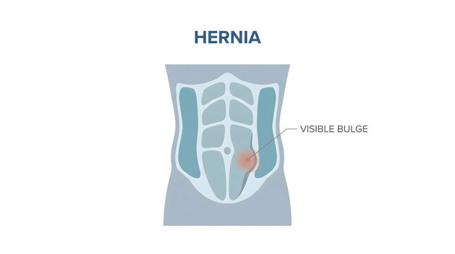 Medical illustration depicting hernia with a visible bulge on abdomen