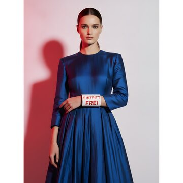 Woman in blue dress wearing a white armband with red text "EINTRITT FREI" - social statement
