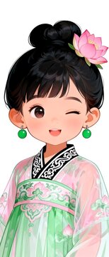 Cartoon little girl in traditional hanfu with lotus hair accessory
