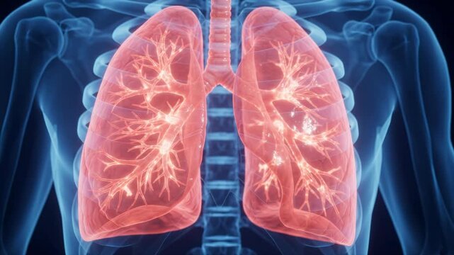 3D medical animation of glowing human lungs showing the bronchial tree against a dark background