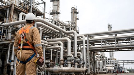 Fototapeta premium Industrial engineer in hard hat and safety harness inspecting piping at oil refinery plant with pipe inspection chemical engineer pipework