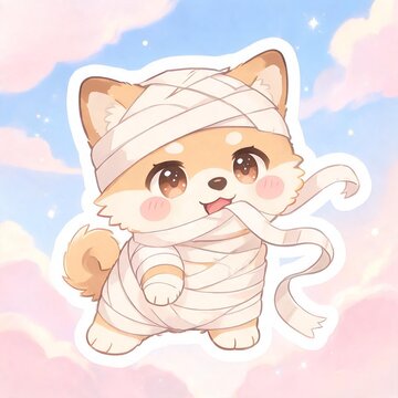 Kawaii mummy puppy playing with its bandage