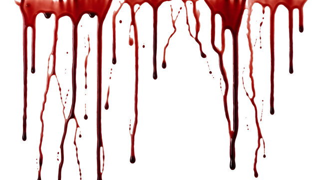 Thin blood strands dripping from a top band forming irregular winding streaks with small droplets PNG isolated on a transparent background